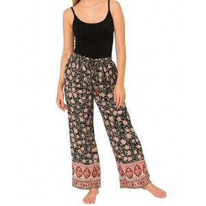 Devi pants wide leg trouser pull on elastic tie waist black floral print POCKETS